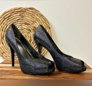 Stuart Weitzman Evabaton Perp Toe Platform Evening Pumps Iris Glitter Size 8.5