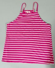 Hot Pink Square-Neck Striped Halter Tank Top Tee T-Shirt Size L 💖