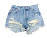 Levi’s  Premium 501 Button Fly Distressed Light Wash Cutoff Jean Shorts