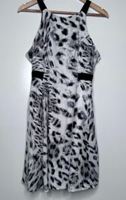 Snow Leopard Print Cross Back Silk Mini Dress Size Small