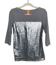 Joe Fresh Gray Sequin Top 3/4 Sleeve Size Small Sz S