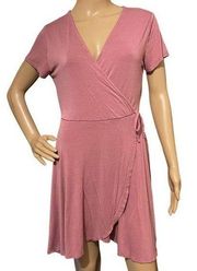 Rolla Coster Mini Dress Dusty Pink Faux Wrap Tie Detail Size Large Flattering