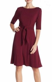 Loveappella burgundy knit midi dress tie front, size large stretch knit jersey