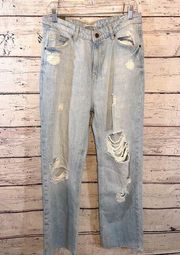 AMERICAN BAZI Jeans Distressed High Rise Wide Leg Light Wash-13