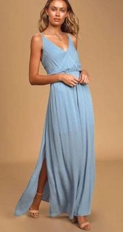 Lulus Slate Blue Lost in Paradise Maxi V-Neck Flowy Formal Women's Dress Size XS