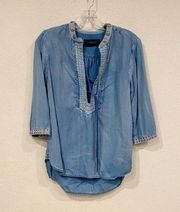 Chambray Lace Up Embellished Top Size Small EUC