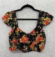 Band of Gypsies Women's Blouse Cutoff Floral Black Size Medium Cap Sleeve