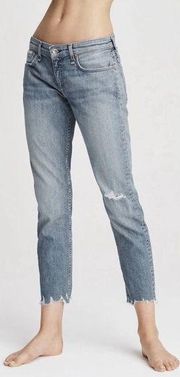 RAG & BONE Dre Low Rise Slim Boyfriend Jeans Dobbie Light Blue Distressed US 25