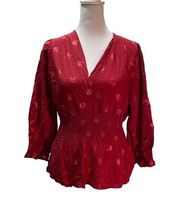 Harve Bernard Red with Shiny Red Rose Print Crossed Plunging Front Elastic Waist