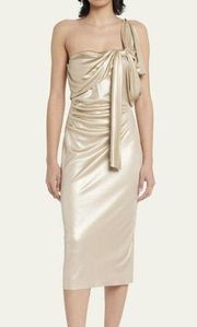 CHIARA BONI LA PETITE ROBE Teresa One Shoulder Draped Shimmer Midi Dress 38 US 2