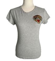 Ed Hardy Embroidered Tiger T Shirt M Grey Short Sleeve Crewneck Double Sided