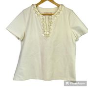 Tory Burch Short Sleeve Top Shirt Large Cream Beaded Collar Large Dressy Casual