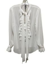 Yoana Baraschi Ruffle Tie Long Sleeve Sheer Blouse White Size Small