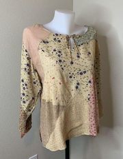 Patchwork Blouse Sz Medium Tie Front Rayon Shirt Top Hippie Boho