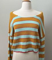 Le Lis Striped Crop Sweater in Mustard and Teal | Medium