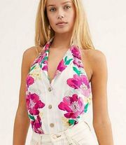 Free People Offshore Halter Floral White Bodysuit
