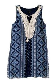 A. Byer Dress Blue Print Lace Front Tassel Tie Sleeveless Mini Dress Size Medium