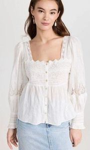 NWT LOVESHACKFANCY Anorette blouse in white puff sleeve crochet square neck