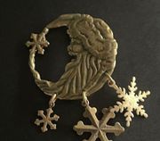 Jack Frost Dangling Snowflake Lapel Pin Brass Toned Whimsical Winter Solstice