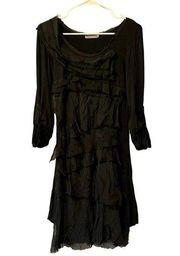 Tempo Paris Black Medium 100% Silk Flutter Tiered Lined Dress Boho Flirty Raw