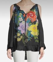 Johnny Was Fusion Cold-Shoulder Floral Print Blouse Black Long Sleeve Small S