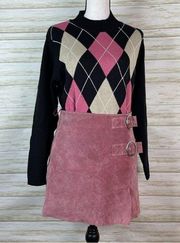 Mango MNG Pink Genuine Pigskin Leather Suede Buckled Mini Skirt