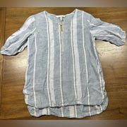 Ellen Tracy Blue Striped 100% Linen Beach Coastal 3/4 Sleeve Top Womans S