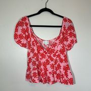 Jun & Ivy peplum floral leaf short sleeve crop top balloon sleeve pink red Large