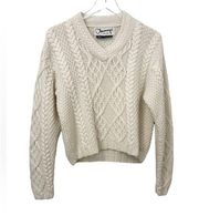 OBERMEYER Cable Knit V-neck Sweater in Ivory Cream Vintage