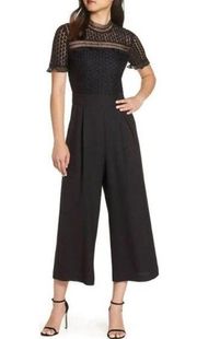 Lace Yoke Mock Neck Wide Leg Crop Jumpsuit