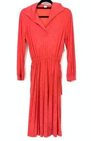 Vintage 70s Women's Approx Size Small Long Sleeve Terry Cloth Dress Coral Red