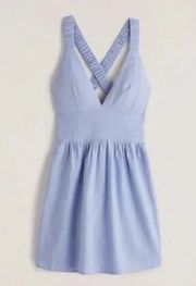 Abercrombie V Neck Fit and Flare X Back Linen Blend Mini Dress Blue Small