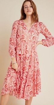 Anthropologie Talulah Tiered Midi Dress in Red Floral Paisley sz XS