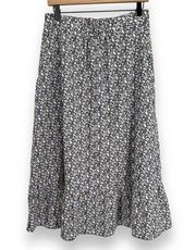 O.P.T. Sana Cotton Blue Brown Ditsy Floral Ruffle Hem Midi Skirt L NWOT