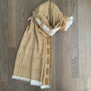 Wool Blend Fringe Detailed Geometric Scarf Wrap in Mustard Yellow Cream