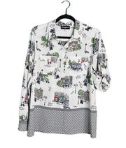 Karl Lagerfeld Button Down Paris Icon Blouse Collared Roll Tab Novelty Small