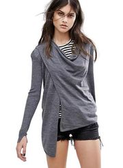 AllSaints Womens Size Large Cardigan Drina Ribbed Back Charcoal Grey Cotton Knit