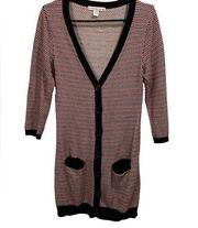 Love by Design Checkered Geometric Gray Black Red Long Knit Button Cardigan