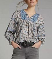 ANTHROPOLOGIE OTHILIA LAURA PEASANT BOHO BLOUSE S Small BLUE MOTIF MADE IN INDIA