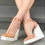 Sous Wedges Leather Camel White Bubble Strappy Platform Heels 6