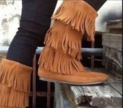 Minnetonka 3 Fringe Calf Leather Boots 6