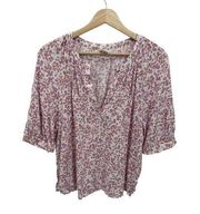 Melrose and Market Purple White Floral 3/4 Sleeve V-Neck Top Blouse Shirt Small