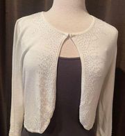 TAILOR ivory beaded shrug size large, one hook and eye closure, long sleeves