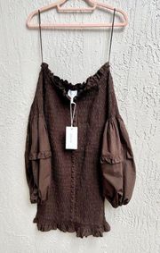 $380 NWT Joslin Off The Shoulder Ruffle Smocked Karlie Dress Chocolate Women US4