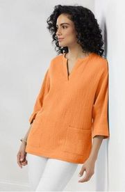 Nectarine Orange Araza Gauze V-neck Boho Lagenlook Shirt XL