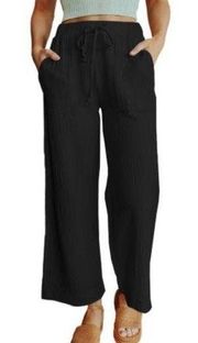 NEW Black Crinkle Drawstring Waist Wide Leg Lightweight Pants Size Large