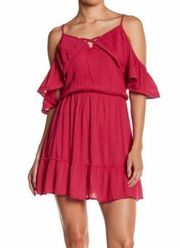 NEW NWT WILD PEARL Ruffle Dress Magenta Pink Cold Shoulder Cutout Mini Shift XS