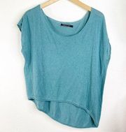 Peruvian Connection Teal Linen Asymmetrical Hem Short Sleeve Top Large