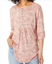 Nine West Brinne Pink Camo Roll Sleeve Henley T Shirt