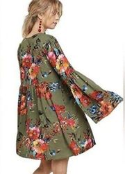 Umgee Size L Babydoll Mini Dress Bell Sleeve Green Floral Tunic V-Neck  Boho